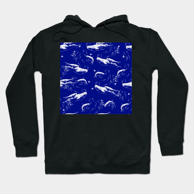 Belugas in Family of St. Lawrence Pattern - Blue Background Hoodie by rainetteillus